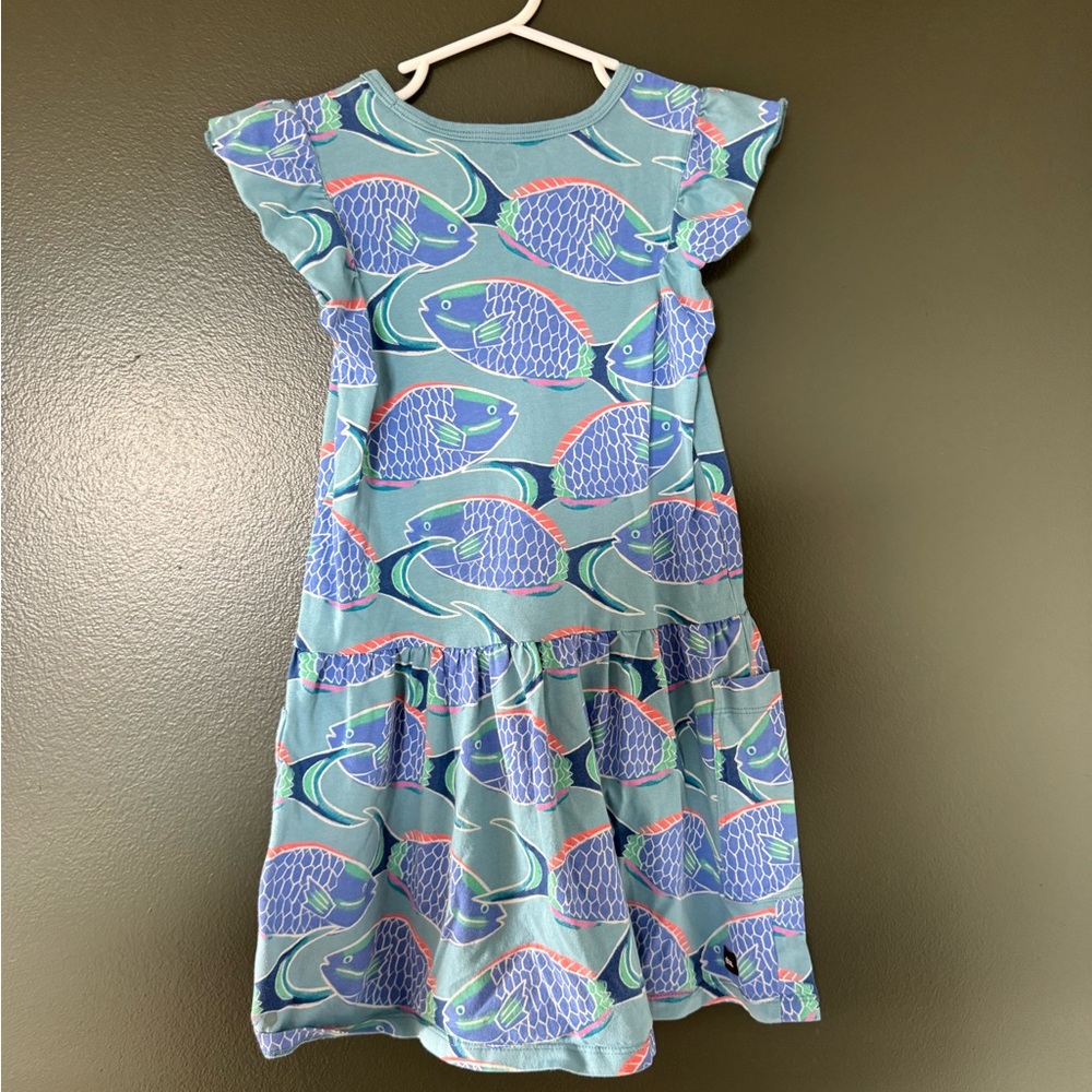 Tea Collection Teal & Blue Fish Print Ruffle Dress